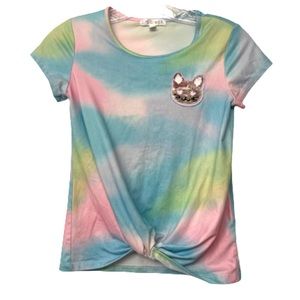 Girls Sequin Cat Face Short Sleeve Tie Dyed Shirt